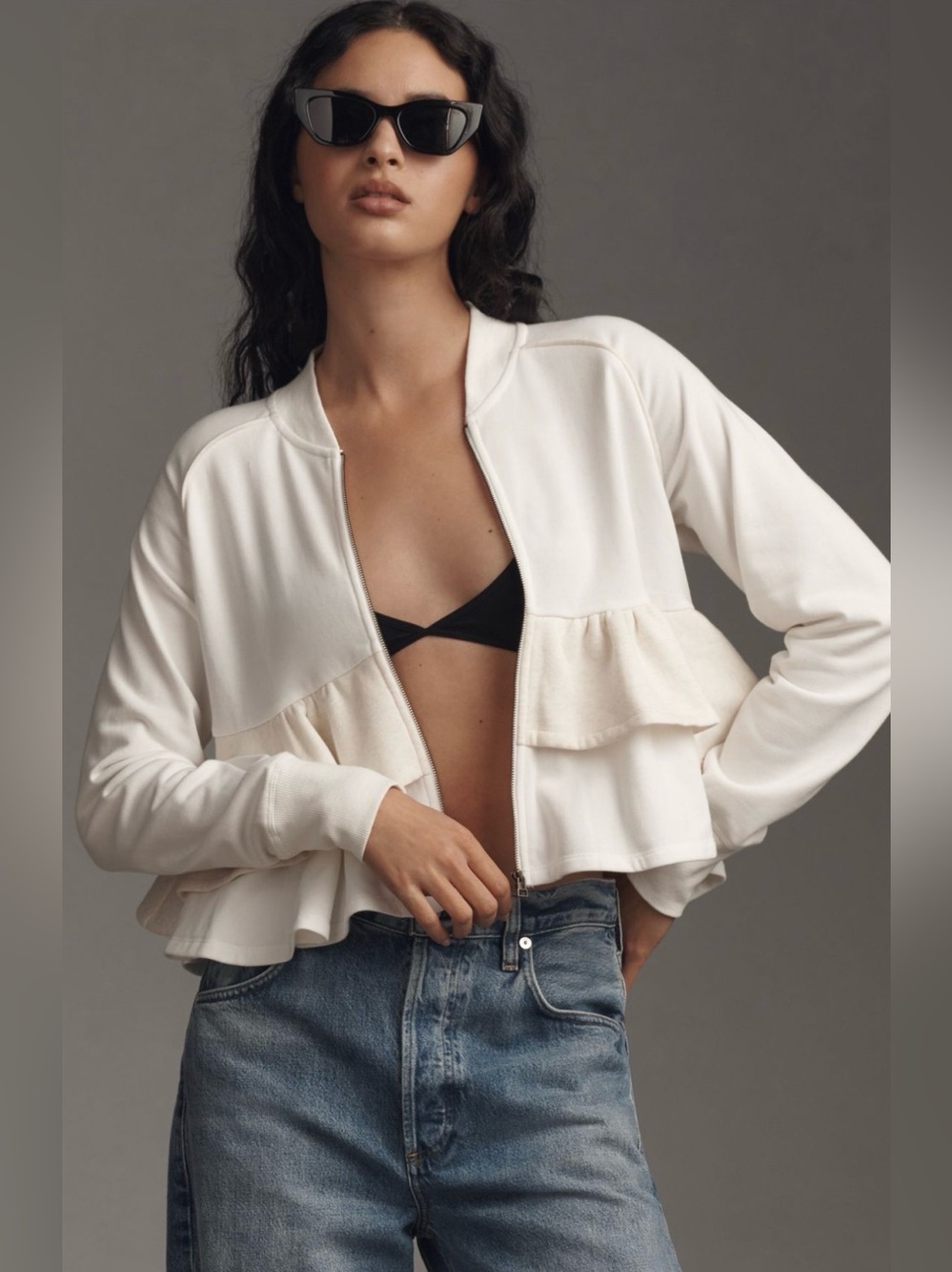 Anthropologie Maeve Tiered Ruffled Zip-Up Babydoll Knit Jacket
